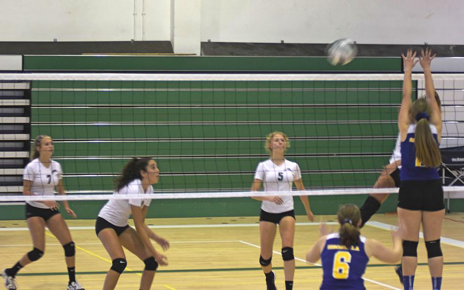 Naples and Sigonella had vigorous exchanges at the net during a five-match set that Sigonella won on Saturday Sept. 14, 2019 at Naples Middle High School. 
