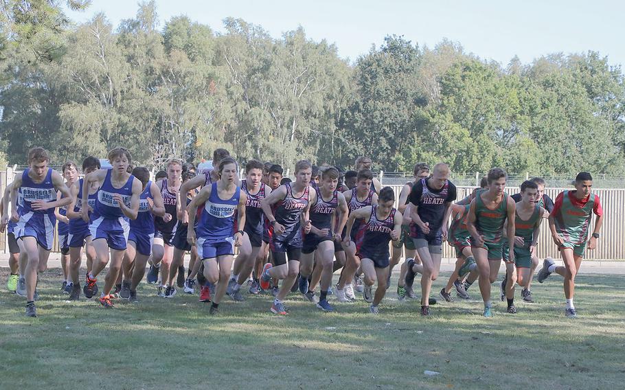 The boys teams from AFNORTH, Brussels and Lakenheath take off from the start line at RAF Lakenheath on Saturday, Sept. 21, 2019.
