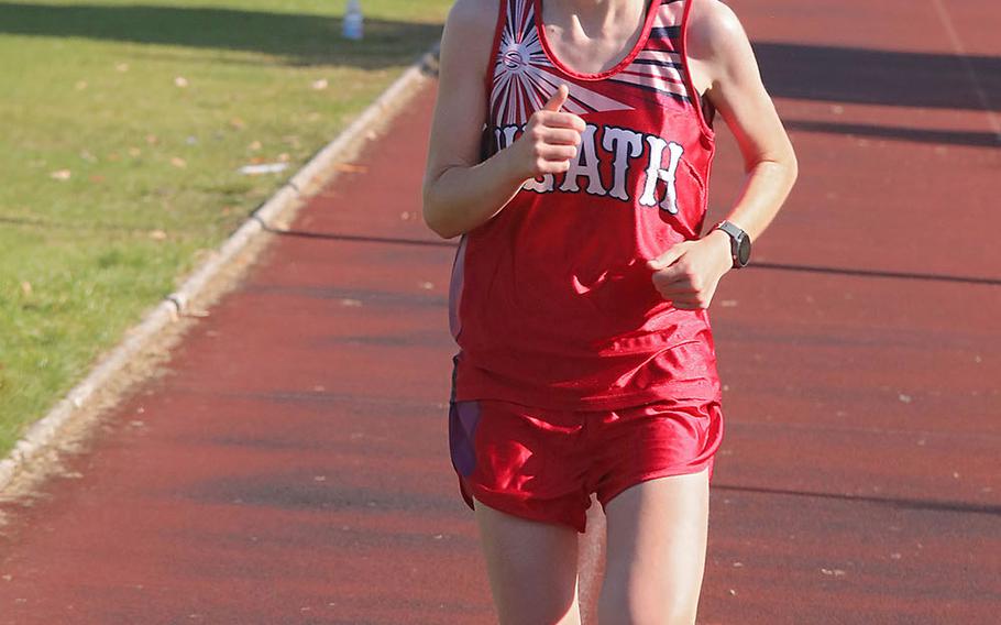 Annie Roundy completes the cross country race in 22 minutes, 9 seconds at RAF Lakenheath, England, on Saturday, Sept. 21, 2019.