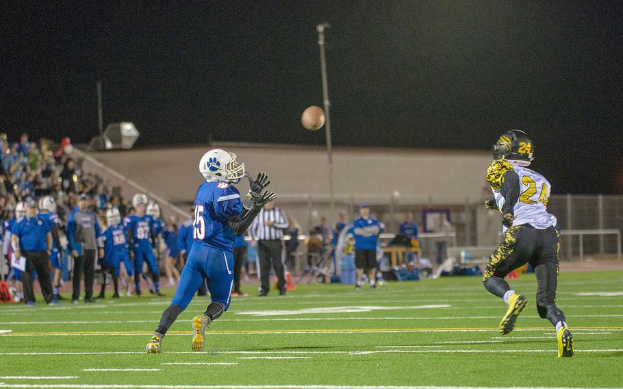 J.J. Little catches a pass during a game between Ramstein and Stuttgart at Ramstein High School, Friday, Sept.  27, 2019. Stuttgart won the game 37-17.