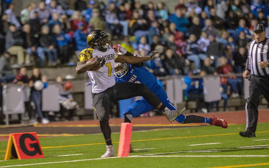 Jordan McCullough is shoved out of bounds at the 1-yard line during a game between Ramstein and Stuttgart at Ramstein High School, Friday, Sept.  27, 2019. Stuttgart won the game 37-17.