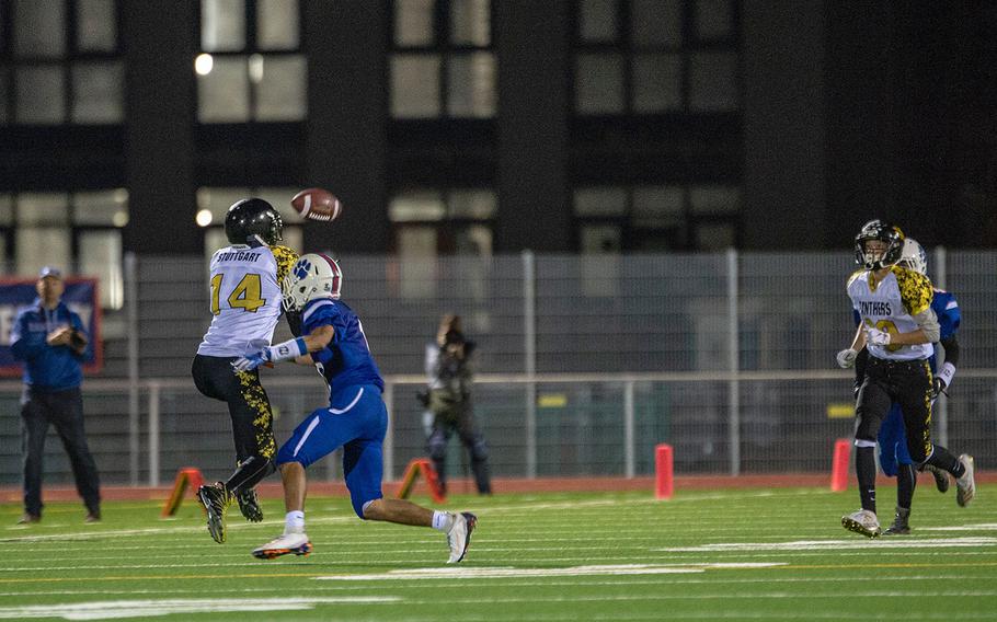 Sabriel Ashley catches a pass during a game between Ramstein and Stuttgart at Ramstein High School, Friday, Sept.  27, 2019. Stuttgart won the game 37-17.