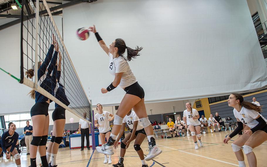 Stuttgart's Karen Kosinski spikes the ball during a game between Stuttgart and Lakenheath at the South Side Fitness Center, Ramstein Air Base, Germany, Saturday, Sept. 28, 2019.