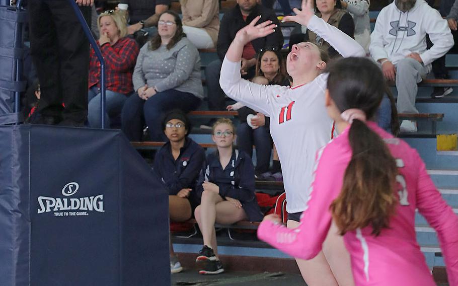 Raider Lorelei Bearss jumps to return the ball during the Kaiserslautern vs Lakenheath volleyball game on RAF Lakenheath, Saturday, Oct 19, 2019. 
