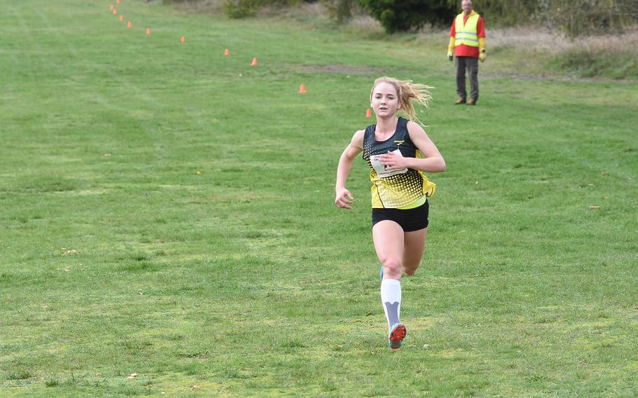 Stuttgart junior McKinley Fielding heads for the finish line in first place at the DODEA-Europe cross country championships in Baumholder, Germany, on Saturday, Oct. 19, 2019. Fielding set a new course record of 18:40.47 and led the Panthers to a Division I team title.
