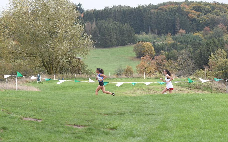 Brussels' Shoshana Goldfein and Kaiserslautern's Kayla Ballard compete at the DODEA-Europe cross country championships in Baumholder, Germany, on Saturday, Oct. 19, 2019. Goldfein finished third and Ballard was sixth in the race.