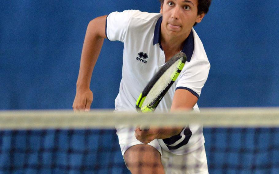 Marymount's Sergio Nogales makes a shot at the net in a boys doubles semifinal match at the DODEA-Europe tennis championships in Wiesbaden, Germany, Friday, Oct. 25, 2019. Nogales and teammate David Lopez Post lost to Florence's Brando Fabri-Corigliano and Piero Reali 6-4, 6-2.