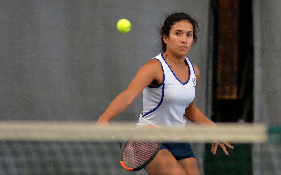 Ramstein's Isabella Guzaldo follows the ball in a doubles semifinal at the DODEA-Europe tennis championships in Wiesbaden, Germany, Friday, Oct. 25, 2019. Guzaldo and partner Dougie Allison beat teammates Maddi Svan and Lydia Woodfork 6-4, 7-5 to advance to Saturday's finals.










