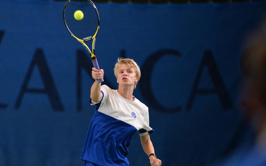 Wiesbaden's Benjamin Petrik slams a ball across the net in a semifinal loss at the DODEA-Europe tennis championships in Wiesbaden, Germany, Friday, Oct. 25, 2019. Petrik and his teammate Yumin Kim fell to Ramstein's Colin Kent and Troy Boehne 1-6, 6-4, 6-4.