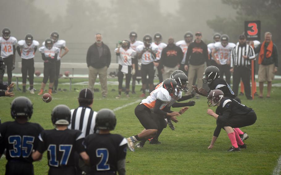 The Spangdahlem Sentinels face off against the Hohenfels Tigers during a game at Hohenfels, Germany, Saturday, Oct. 26, 2019. 
