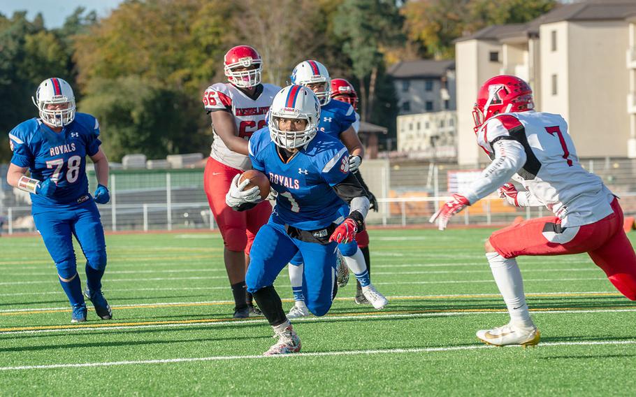 Ramstein's Dominque Arizpe runs toward the goal line during a game against Kaiserslautern High School at Ramstein Air Base, Germany, Saturday, Oct. 26, 2019. Ramstein won the game 35-21. 