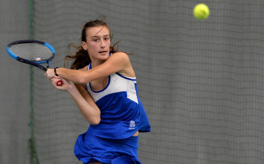 Charlotte Kordonowy returns a shot in the girls singles final at the DODEA-Europe tennis championships in Wiesbaden, Germany, Saturday, Oct. 26. 2019.  Kordonowy fell to Kaiserslautern's Aiva Schmitz 6-3, 6-2.