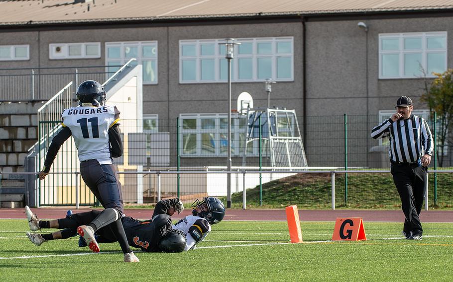 Spangdahlem's Adam Jalomo dives for a touchdown during a game against Ansbach for the Division III Football Championship at Kaiserslautern High School, Germany, Saturday, Nov. 2, 2019. Spangdahlem won the game 39-26. 