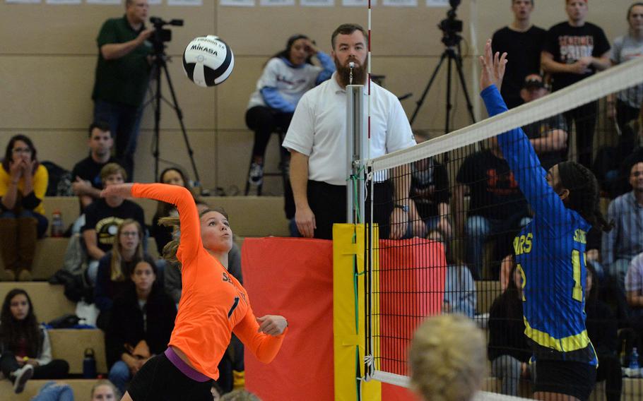 Spangdahlem's Kodee Teahon prepares to slam the ball over the net in the final set of the Division III final against Sigonella at the DoDEA-Europe volleyball championships in Kaiserslautern, Germany, Saturday, Nov. 2, 2019. Spangdahlem won 22-25, 25-12, 25-20, 26-24. 