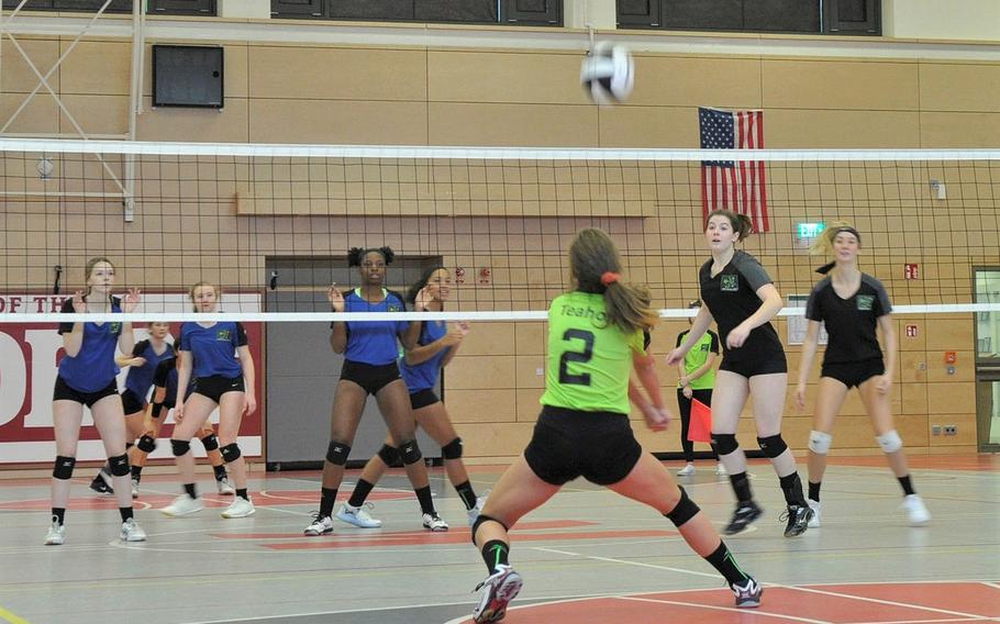 Spangdahlem libero Keena Teahon fields a serve in the 2019 DODEA-Europe volleyball all-star matches Saturday at Kaiserslautern High School in Kaiserslautern, Germany. 