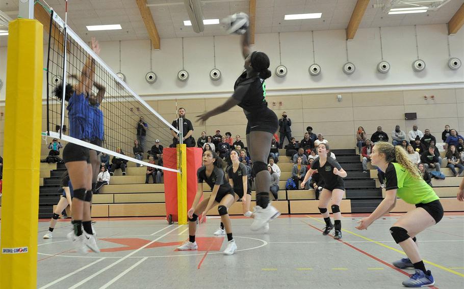 Vilseck hitter Jahnessa Hill rises up for a kill attempt in the 2019 DODEA-Europe volleyball all-star matches Saturday at Kaiserslautern High School in Kaiserslautern, Germany.