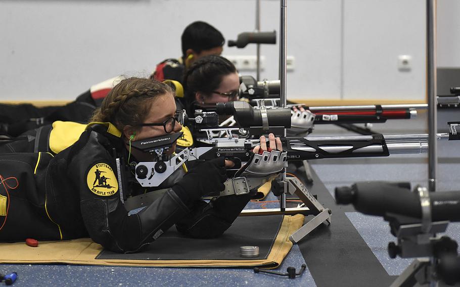 Salome Cook, a sophomore from Stuttgart, shoots downrange during a marksmanship competition held at Vilseck High School, Saturday, Dec. 14, 2019. The competition included competitors from Stuttgart, Hohenfels, Ansbach and Vilseck high schools.