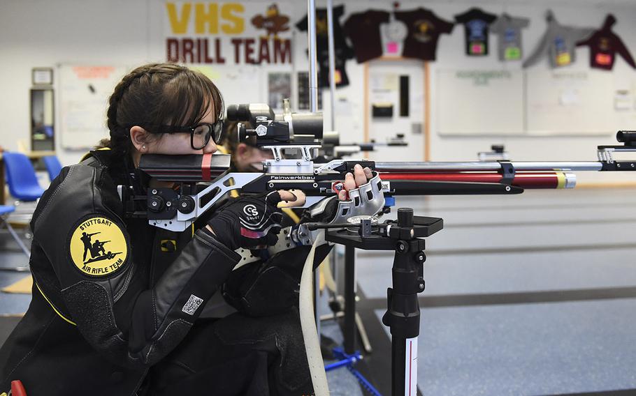 Trinity Lepine, a sophomore from Stuttgart, fires downrange during a marksmanship competition held at Vilseck High School, Saturday Dec. 14, 2019. The competition included competitors from Stuttgart, Hohenfels, Ansbach and Vilseck high schools.