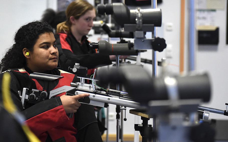 Zulimar Mercado, a junior from Vilseck, prepares to shoot downrange during a marksmanship competition held at Vilseck High School, Saturday, Dec. 14, 2019. The competition included competitors from Stuttgart, Hohenfels, Ansbach and Vilseck high schools.