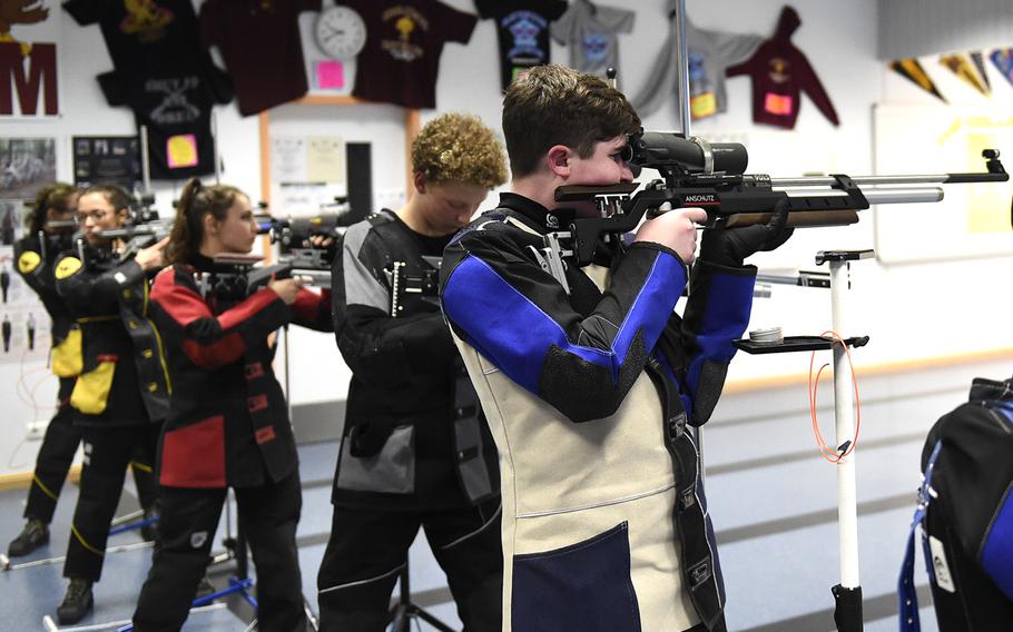 Kyle Trehern, a freshman from Ansbach, prepares to shoot downrange during a competition held at Vilseck High School, Saturday, Dec. 14, 2019. The competition included competitors from Stuttgart, Hohenfels, Ansbach and Vilseck high schools.