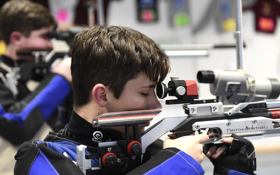 Colin Robertson, a freshman from Ansbach, sights in on his target during a marksmanship competition held at Vilseck High School, Saturday, Dec. 14, 2019. The competition included competitors from Stuttgart, Hohenfels, Ansbach and Vilseck high schools.