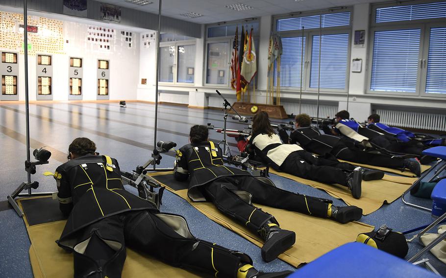 Shooters from Stuttgart, Hohenfels, Ansbach and Vilseck high schools compete in a marksmanship competition held at Vilseck High School, Saturday, Dec. 14, 2019.