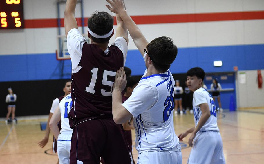 AFNORTH's Alan Goldsmith blocks a shot during Friday's basketball game against the Hohenfels Tigers, which was held at Hohenfels. The Tigers came out victorious in the game. 