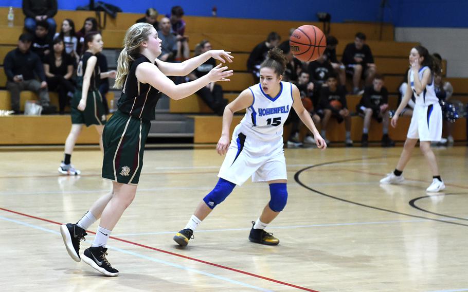 Tori Morris from AFNORTH runs the ball during Friday, January 10, 2020, game between AFNORTH and Hohenfels' girls varsity basketball teams, which was held at Hohenfels. The AFNORTH Lions came out victorious against the Hohenfels Tigers girls varsity team.  