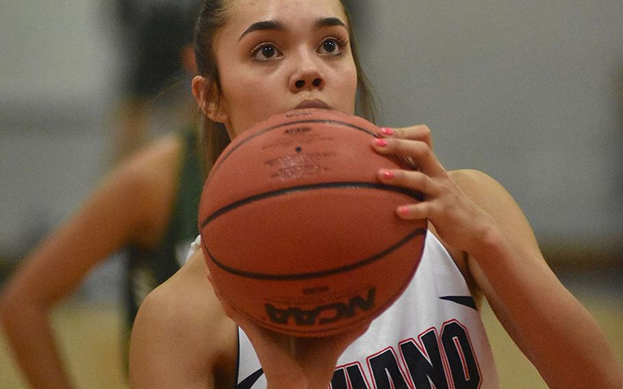 Aviano's Mikyla Harkley spent a lot of time at the free throw line Friday, Jan. 31, 2020, converting nine of 11 attempts. She finished with 19 points, 14 rebounds and seven steals in the Saints' 41-30 victory over Naples.