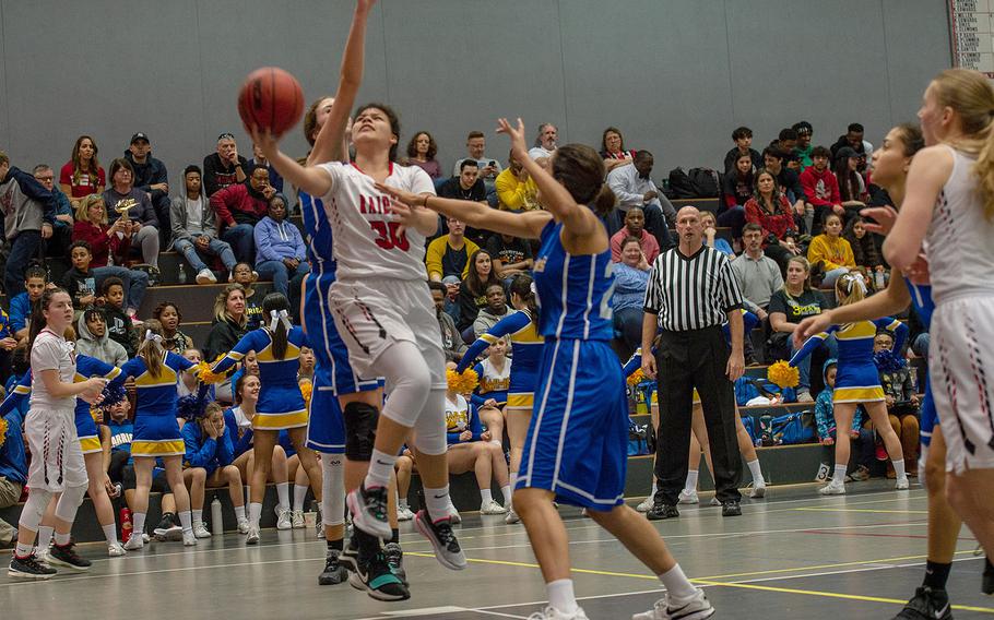 Kaiserslautern's Audrey Elisondo goes in for a lay-up during a basketball game against Wiesbaden in Kaiserslautern, Germany, Friday, Jan. 31, 2020. Kaiserslautern won the game 31-24.  