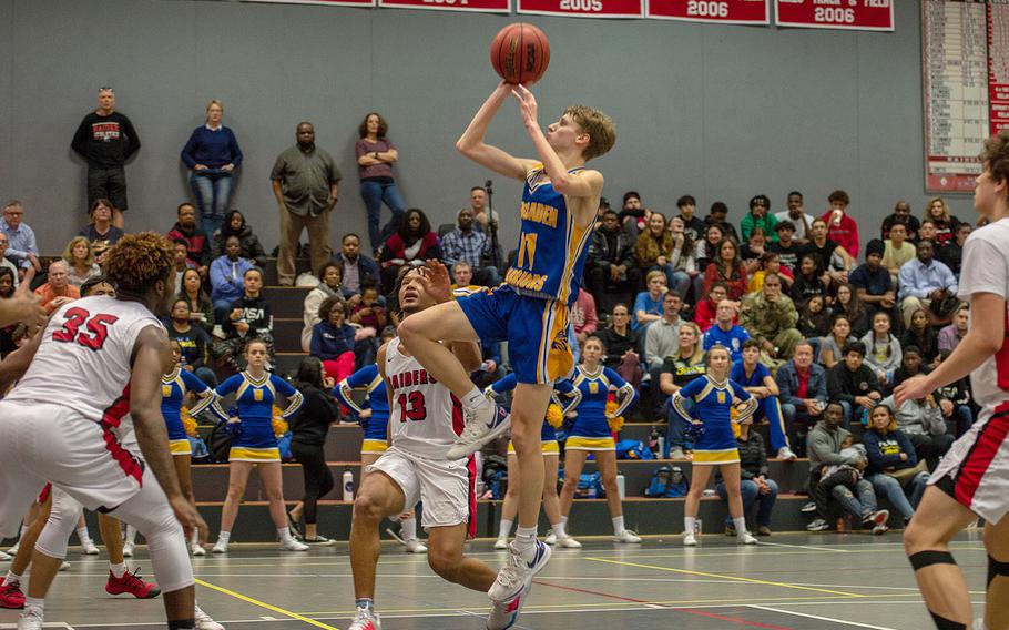 Wiesbaden's Isaac Smith takes a shot during a basketball game against Kaiserslautern in Kaiserslautern, Germany, Friday, Jan. 31, 2020. Wiesbaden won the game 76-75.  