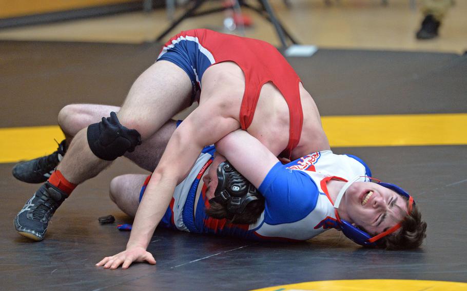 Aviano's Nick Smith has the upper hand on Ramstein's Cameron Lebrun and went on to win the 170-pound match on the first day of action at the DODEA-Europe wrestling championships in Wiesbaden, Germany, Friday, Feb. 14, 2020.