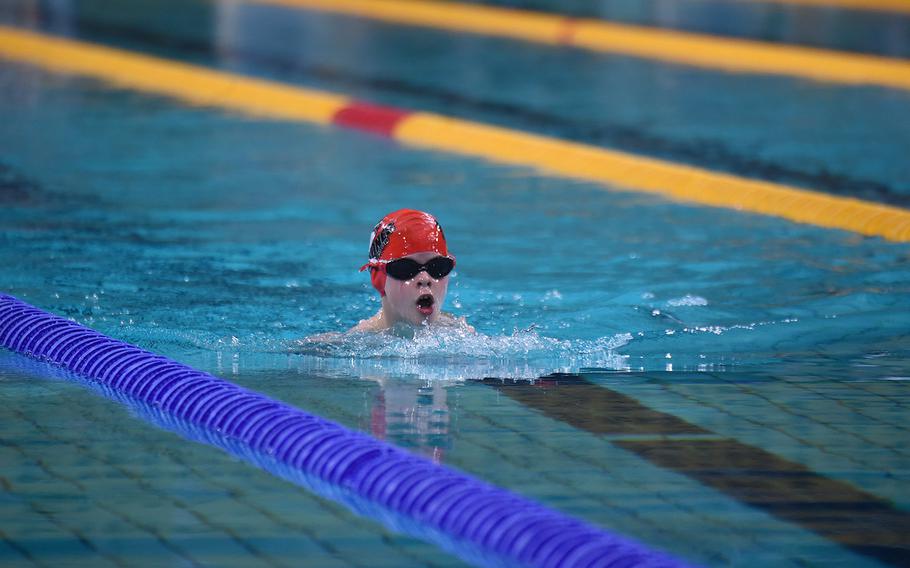 Rota swimmer Breck Lockhart competes in the Boys 8-and-under 50-meter breast stroke during the European Forces Swim League championships in Eindhoven, Netherlands, Saturday, Feb. 29, 2020.