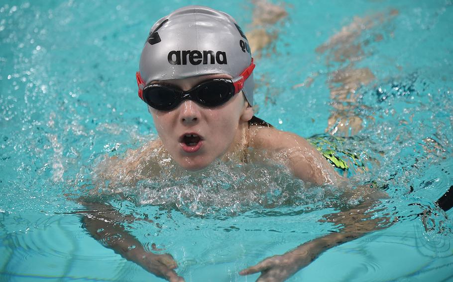 Geilienkirchen Orcas swimmer, Miguel Sanchez competed in the 8-and-under boys 50-meter breaststroke during the European Forces Swim League championships in Eindhoven, Netherlands, Saturday, Feb. 29, 2020.