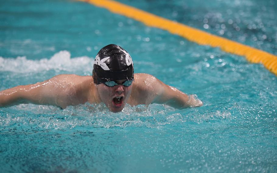 Geilienkirchen Orcas swimmer Pierre-Luc Boudrais competes during the Boys 15-16-year old 100-meter butterfly during the  European Forces Swim League championships in Eindhoven, Netherlands, Saturday, Feb. 29, 2020.