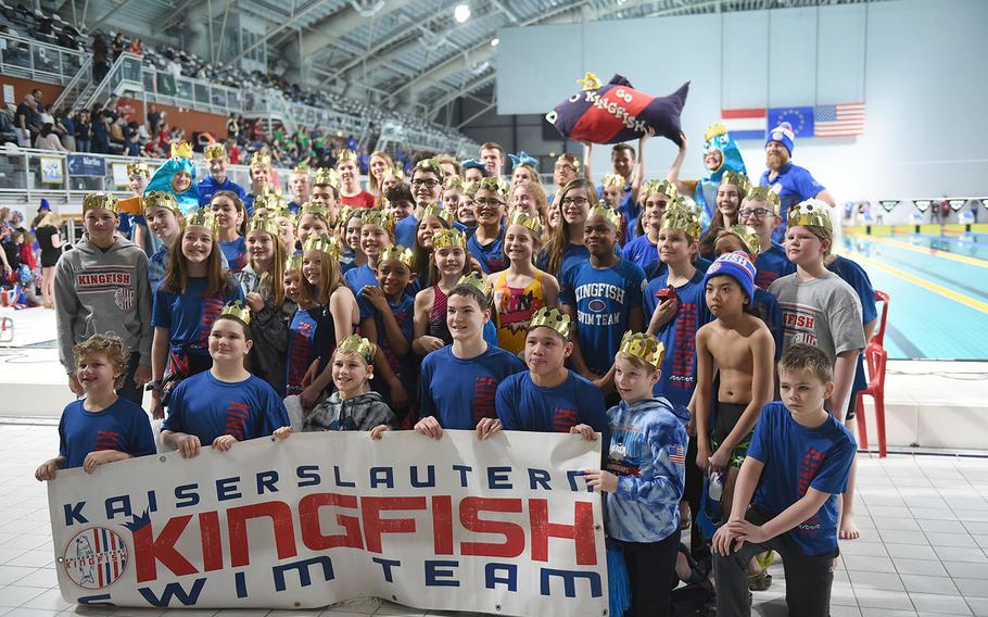 The Kaiserslautern Kingfish swim team poses for a group photo during the European Forces Swim League championships in Eindhoven, Netherlands, Saturday, Feb. 29, 2020.