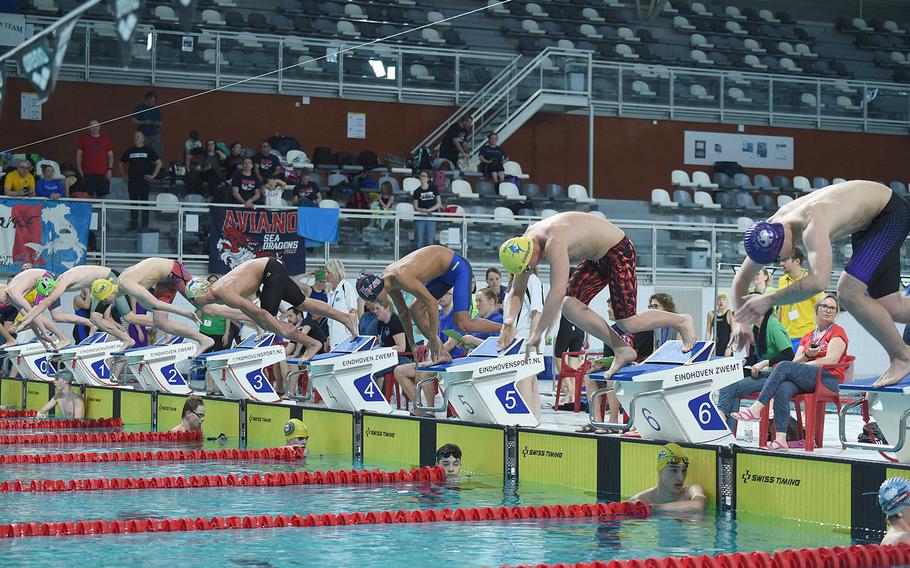 Boys prepare to swim in the Boys 15-16-year old 100-meter freestyle during the European Forces Swim League championships in Eindhoven, Netherlands, Saturday, Feb. 29, 2020.