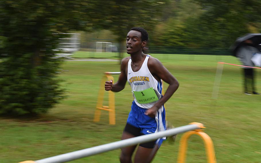 Wiesbaden's Manzi Siibo finishes the cross country race first with a time of 17 minutes, 57 seconds at Vilseck, Germany, Saturday, Sept. 26, 2020.