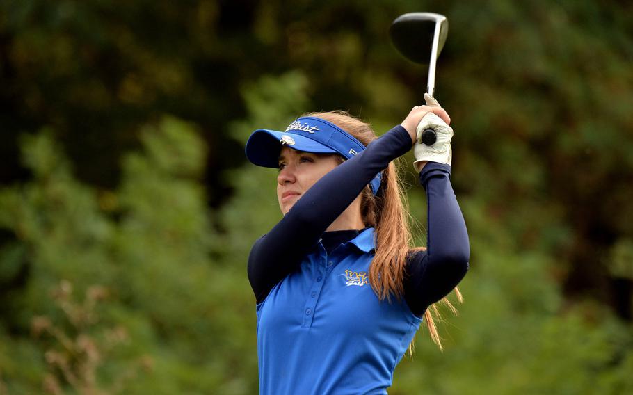 Heidi Johnson of Wiesbaden tees off on Rheinblick Golf Course's 9th hole in opening day action at the DODEA-Europe golf championships in Wiesbaden, Germany, Wednesday, Oct. 7, 2020.