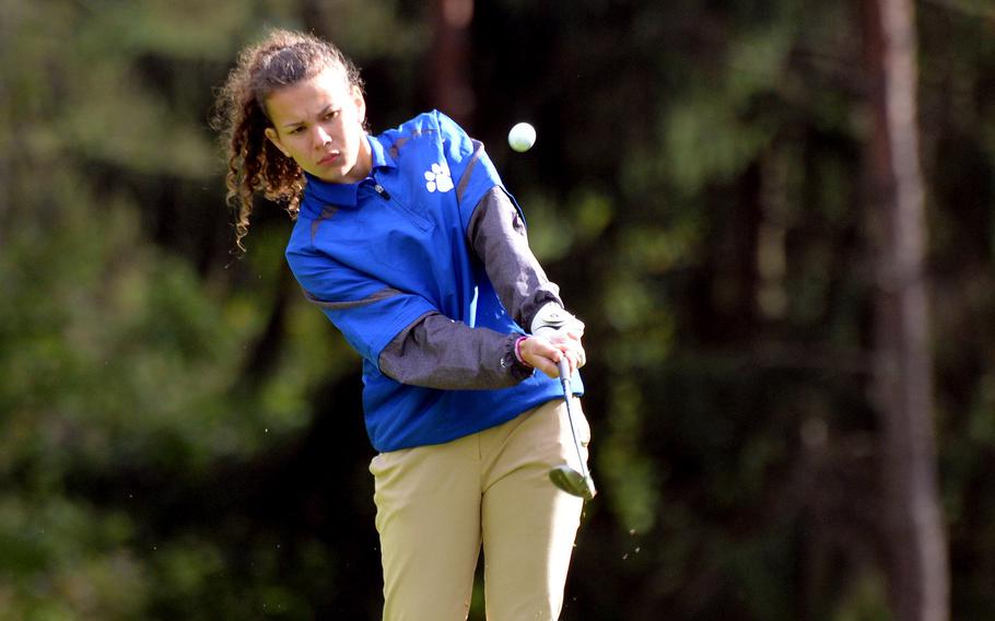 Ramstein's Carleigh Rivera follows her shot in opening day action at the DODEA-Europe golf championships at Rheinblick Golf Course in Wiesbaden, Germany, Wednesday, Oct. 7, 2020.