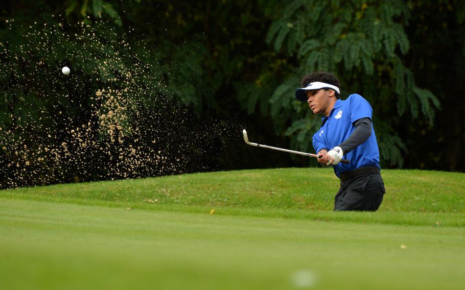 Ramstein's Ben Todman hits out of the bunker in opening day action at the DODEA-Europe golf championships at Rheinblick Golf Course in Wiesbaden, Germany, Wednesday, Oct. 7, 2020.
