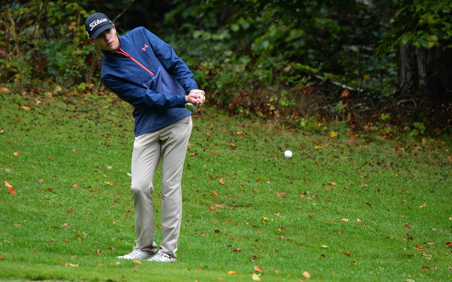 Micah Webb of Ramstein follows his chip on the 18th hole at the DODEA-Europe golf championships at Rheinblick Golf Course in Wiesbaden, Germany, Thursday, Oct. 8, 2020. Webb finished third.