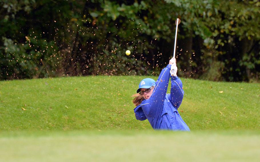 Wiesbaden's Alyssa Shewall hits out of the bunker during the final round of the DODEA-Europe golf championships at Rheinblick Golf Course in Wiesbaden, Germany, Thursday, Oct. 8, 2020. 