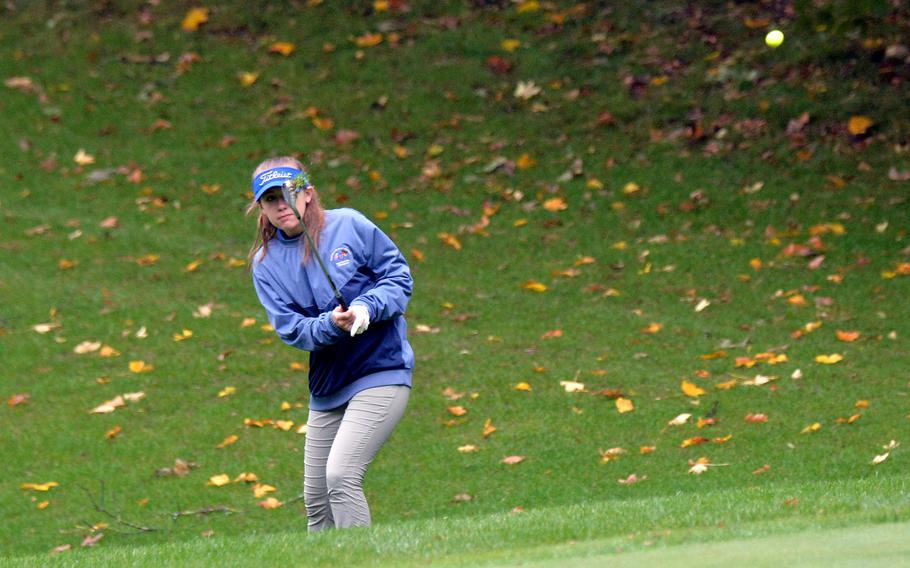 Wiesbaden's Heidi Johnson chips to the green on her way to finishing second in the girls competition at the DODEA-Europe golf championships at Rheinblick Golf Course in Wiesbaden, Germany, Thursday, Oct. 8, 2020. 