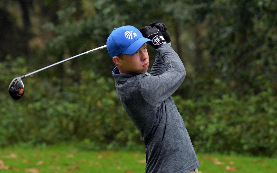 Clayton Shenk of Wiesbaden defended his boys DODEA-Europe golf title, scoring 85 modified Stableford points over the two days, to beat Ramstein's Ben Todman by a point. 