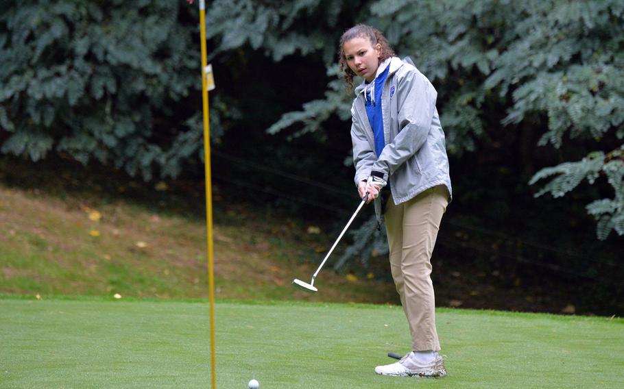 Ramstein's Carleigh Rivera follows her putt on her way to winning the girls title at the DODEA-Europe golf championships at Rheinblick Golf Course in Wiesbaden, Germany, Oct. 8, 2020. She scored 25 modified Stableford points for the win.
