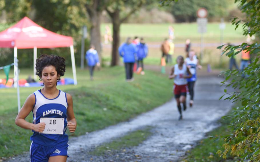 Ramstein's Nadia Rahman competes at the DODEA-Europe non-virtual cross country championship on Saturday, Oct. 24, 2020, at Seewoog Park in Ramstein-Miesenbach, Germany.
