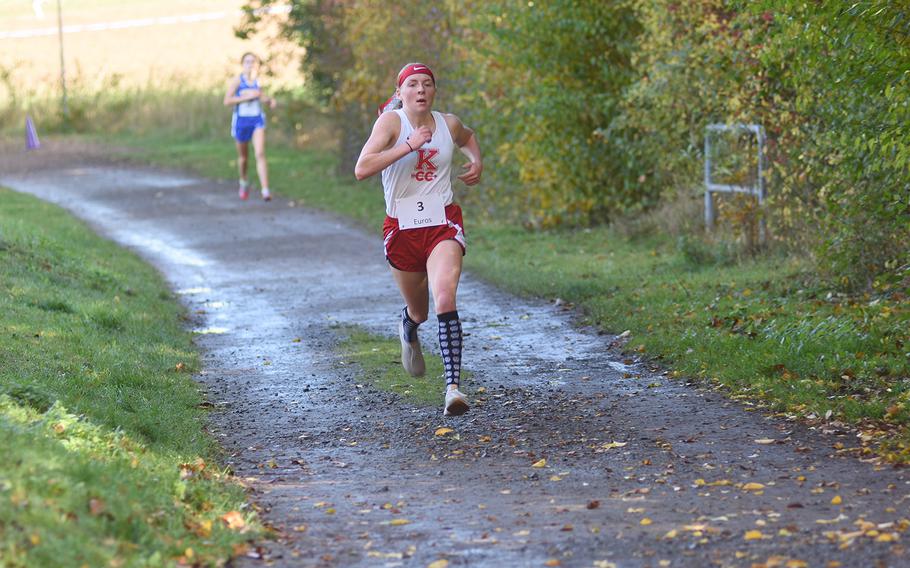 Kaiserslautern's Lena Herrmann finished second at the DODEA-Europe non-virtual cross country championship on Saturday, Oct. 24, 2020, at Seewoog Park in Ramstein-Miesenbach, Germany. 