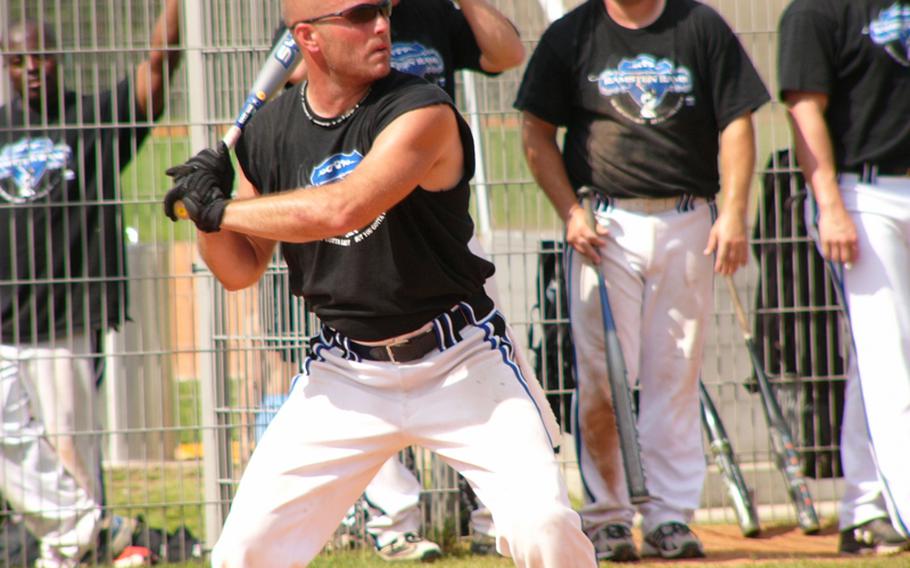Championship-game hero Jason Acre of Ramstein awaits what would prove to be the decisive pitch during Sunday's 16-6 U.S. Forces Europe title-game victory. Moments later, Acre hammered a walk-off three-run homer.
