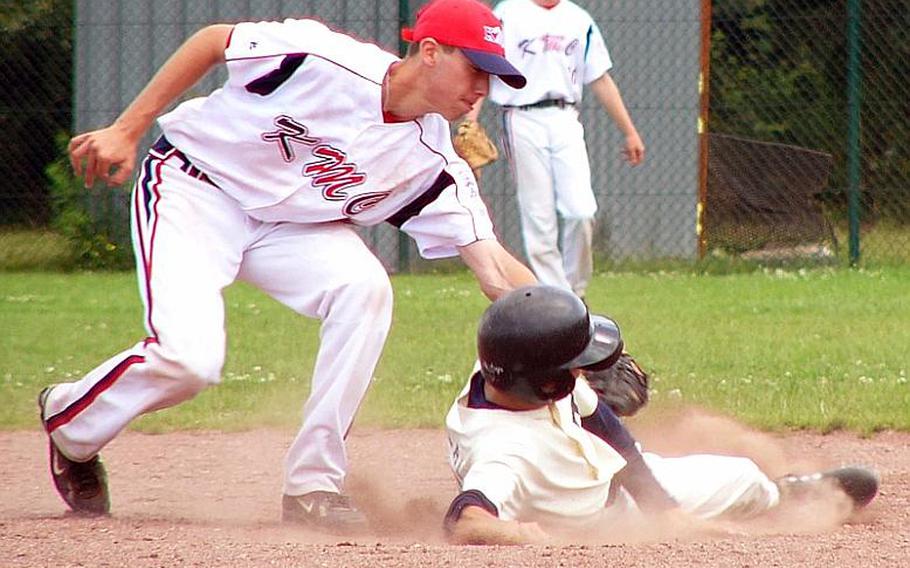 Cavan Cohoes, shown tagging out a runner on an attempted steal while playing for the Kaiserslautern military community in the 2009 European Senior League tournament, has a good chance of being picked in major-league baseball's 2011 amateur draft or of playing Division I college baseball next season.
